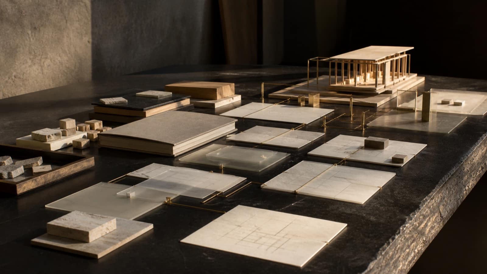 Ivory folios, timber blocks and brass lines assembled into a coherent architectural system on a dark stone table